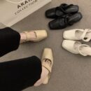 Retro Square-Toe Mules Chunky Heel Strap-Up Toe-Covered Sandals