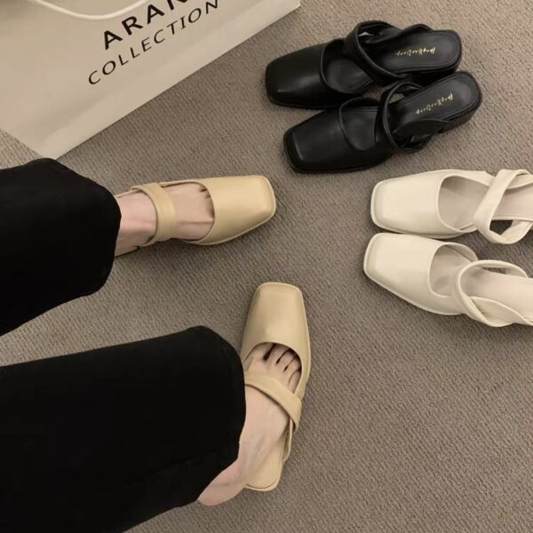 Retro Square-Toe Mules Chunky Heel Strap-Up Toe-Covered Sandals