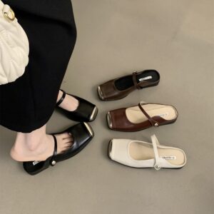 Retro Metal Square-Toe Mary Jane Mules Strappy Low-Heel Covered-Toe Sandals