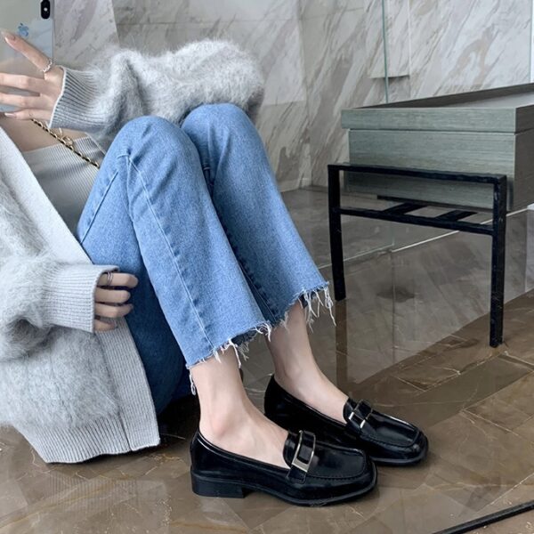 Genuine Leather British-Style Square-Toe Mid-Heel Loafers