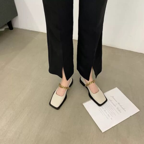 French Vintage Metal Chain Square-Toe Mary Jane Flats