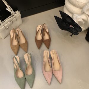 Multi-color suede pointed-toe open-back sandals Slim-heel vintage-inspired commuter pumps