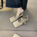 Fashionable Suede Square-Toe Mary Janes with Metal Triangle Buckle