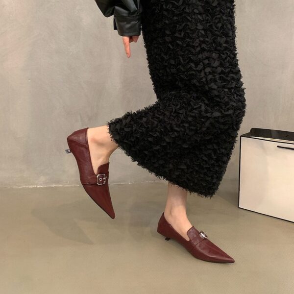 Multi-color pointed-toe metal buckle flats Retro-inspired low-cut pumps for everyday wear