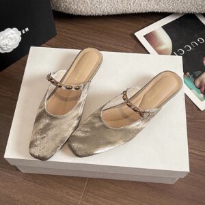 Champagne Gold Luxury Metallic Buckle Low-Heel Mules