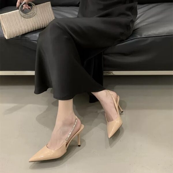 Rhinestone Chain Backless Pointed-Toe High Heels Slim-Heel Pumps for Commuting and Parties