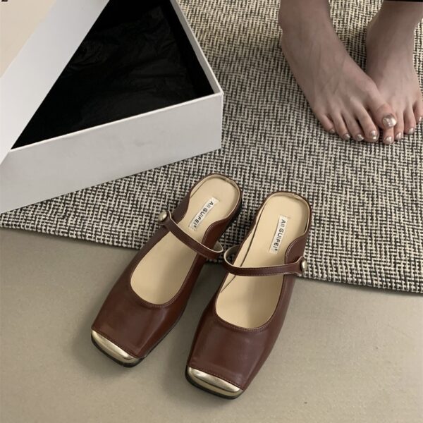 Retro Metal Square-Toe Mary Jane Mules Strappy Low-Heel Covered-Toe Sandals