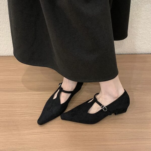 Suede Pointed-Toe T-Strap Chunky Heel Flats Retro Mary Jane Low-Cut Low-Heel Pumps