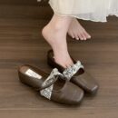 Retro-Print Buckle-Strap Square-Toe Mary Jane Mules Flat-Soled Closed-Toe Sandals
