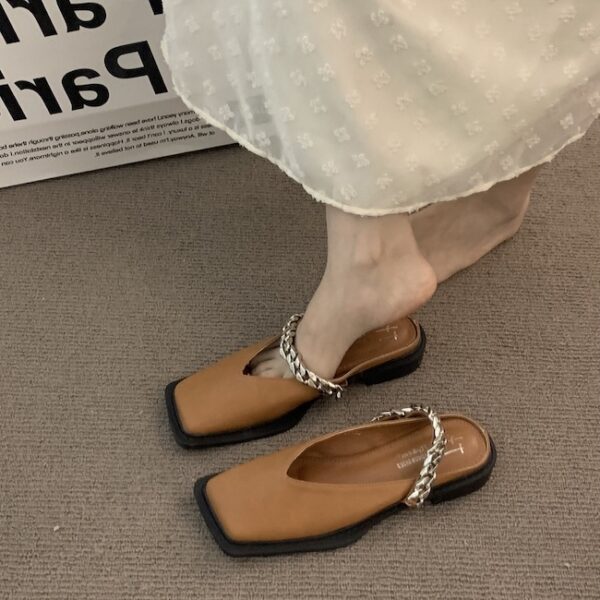Square-Toe Metal Chain Mary Jane Mules Minimalist Flat Sandals