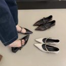 Multi-color Metal Chain-Detail Pointed-Toe Flats Retro Low-Cut Low-Heel Commuter Shoes for Women