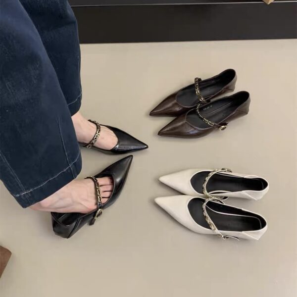 Multi-color Metal Chain-Detail Pointed-Toe Flats Retro Low-Cut Low-Heel Commuter Shoes for Women