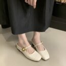 Retro Square-Toe Mary Jane Mules Metal Buckle Low-Heel Covered-Toe Sandals