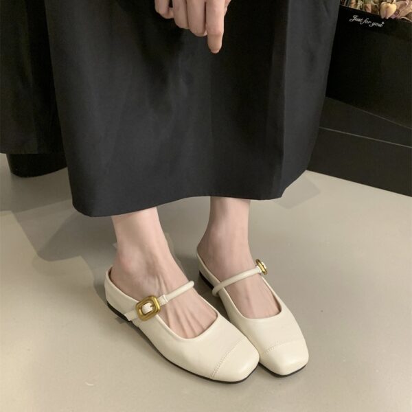Retro Square-Toe Mary Jane Mules Metal Buckle Low-Heel Covered-Toe Sandals