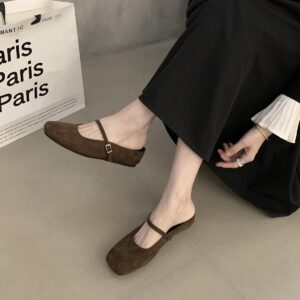 Retro Square-Toe Mary Jane Mules Suede Single-Strap Covered-Toe Sandals
