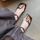 Genuine Leather Square-Toe Diamond-Embellished Sandals with Low Heels