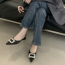 Rhinestone Square Buckle Pointed-Toe Open-Back Sandals Retro Flat Commuter Sandals
