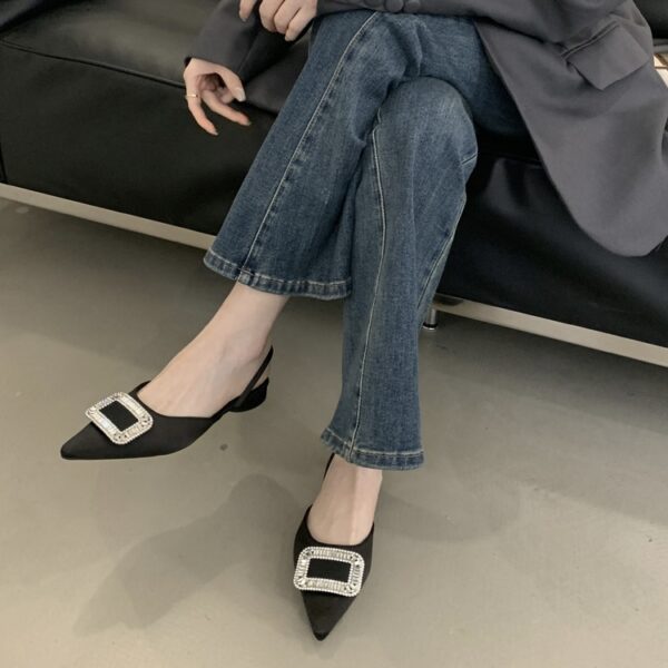 Rhinestone Square Buckle Pointed-Toe Open-Back Sandals Retro Flat Commuter Sandals