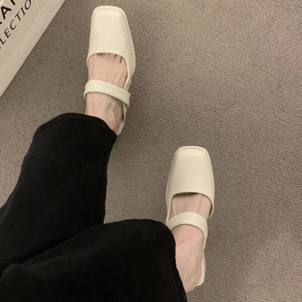 Retro Square-Toe Mules Chunky Heel Strap-Up Toe-Covered Sandals
