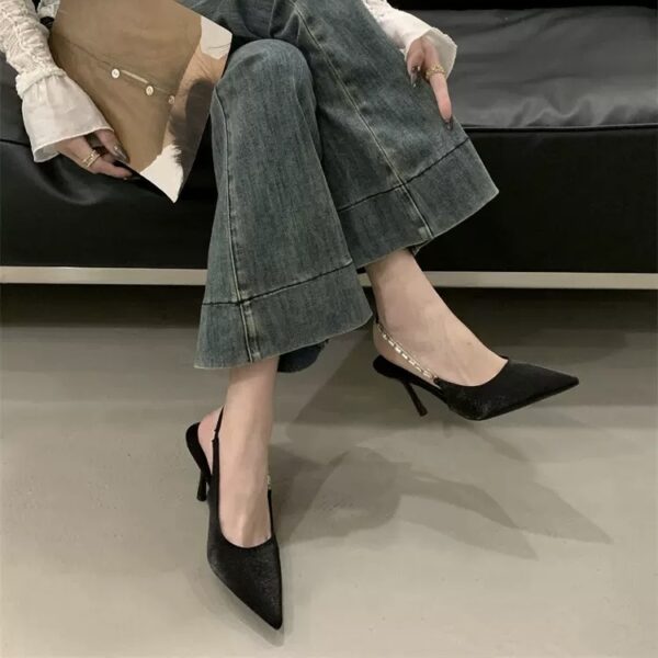 Rhinestone Chain Backless Pointed-Toe High Heels Slim-Heel Pumps for Commuting and Parties