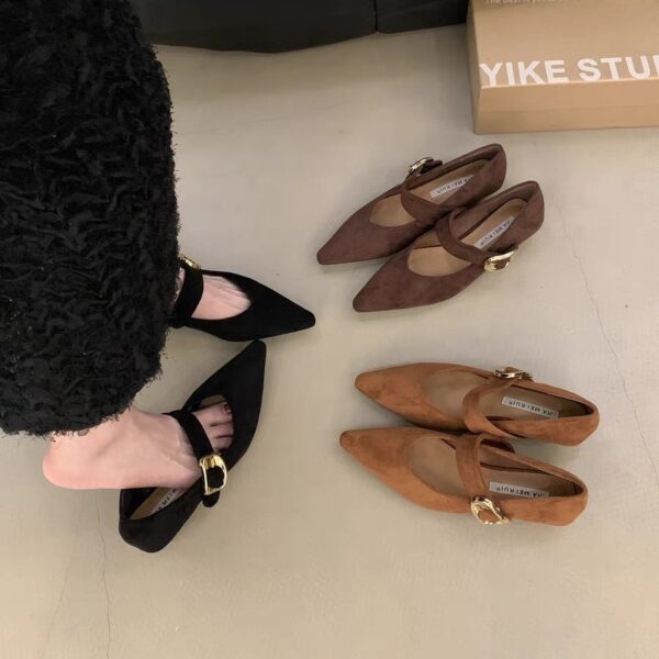 Retro Suede Pointed-Toe Flats with Buckle