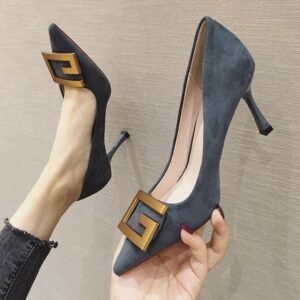 Suede Metallic G-Buckle Pointed-Toe High Heels Commuter Stiletto for Parties and Dates