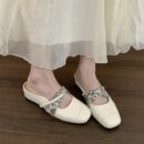 Retro-Print Buckle-Strap Square-Toe Mary Jane Mules Flat-Soled Closed-Toe Sandals