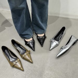 Multi-color metal buckle pointed-toe low-heel shoes Retro commuter slip-on flats