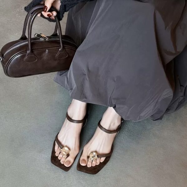 Genuine Leather Square-Toe Diamond-Embellished Sandals with Low Heels