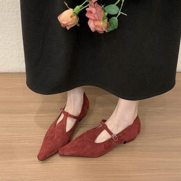 Suede Pointed-Toe T-Strap Chunky Heel Flats Retro Mary Jane Low-Cut Low-Heel Pumps