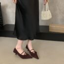 French cross-band pointed toe shoes suede mid-heel retro commuting women's shoes