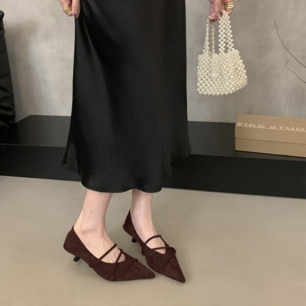 French cross-band pointed toe shoes suede mid-heel retro commuting women's shoes