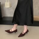 French cross-band pointed toe shoes suede mid-heel retro commuting women's shoes