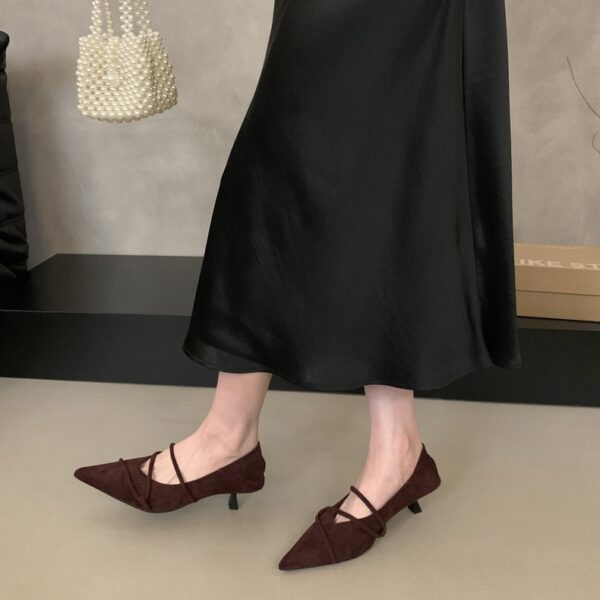 French cross-band pointed toe shoes suede mid-heel retro commuting women's shoes