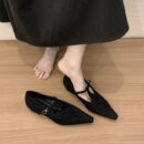 Suede Pointed-Toe T-Strap Chunky Heel Flats Retro Mary Jane Low-Cut Low-Heel Pumps