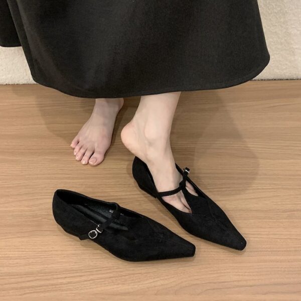 Suede Pointed-Toe T-Strap Chunky Heel Flats Retro Mary Jane Low-Cut Low-Heel Pumps