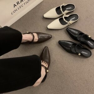 Pointed-toe woven strap Mary Jane mule shoes Metal buckle flat sandals