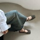Retro Metal Buckle Mary Jane Mule Shoes Square-Toe Flat-Heeled Covered-Toe Sandals
