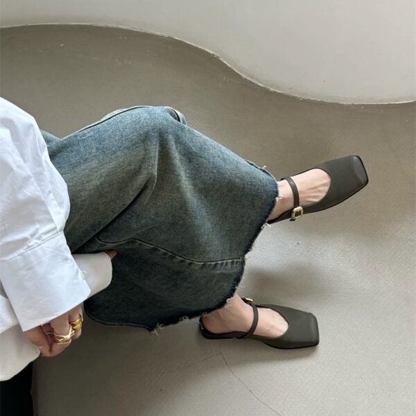 Retro Metal Buckle Mary Jane Mule Shoes Square-Toe Flat-Heeled Covered-Toe Sandals