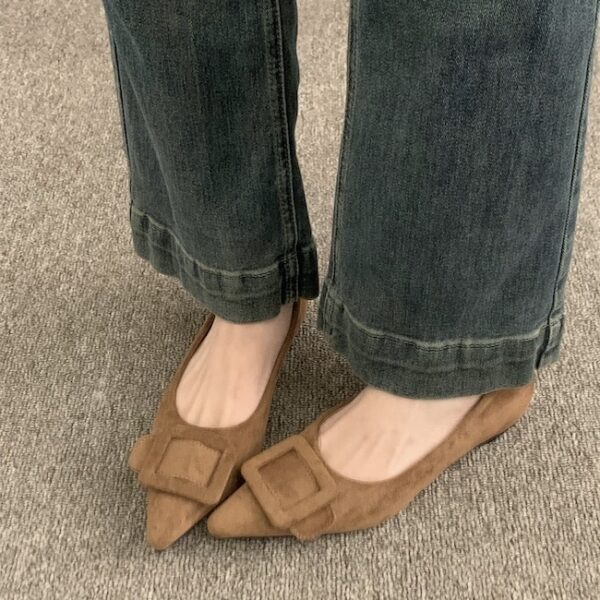 French pointed suede shallow mouth low-heeled flat shoes with a big square buckle decoration
