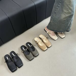 Retro Metal Buckle Mary Jane Mule Shoes Square-Toe Flat-Heeled Covered-Toe Sandals