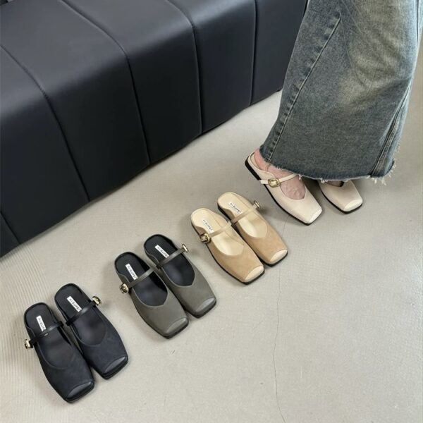 Retro Metal Buckle Mary Jane Mule Shoes Square-Toe Flat-Heeled Covered-Toe Sandals