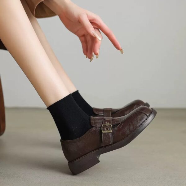 Vintage Buckle Leather Loafers - Elegant Low - Heel Shoes