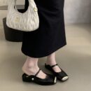Retro Metal Square-Toe Mary Jane Mules Strappy Low-Heel Covered-Toe Sandals