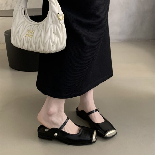 Retro Metal Square-Toe Mary Jane Mules Strappy Low-Heel Covered-Toe Sandals