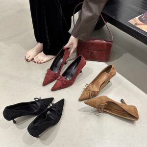 French-Style Fashion Bow-Topped Pointed-Toe Heels Multi-Color Suede Vintage Stiletto Heels