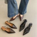 Pointed-toe backless metal buckle flats Retro stiletto-heel commuter low-heel sandals