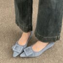French pointed suede shallow mouth low-heeled flat shoes with a big square buckle decoration
