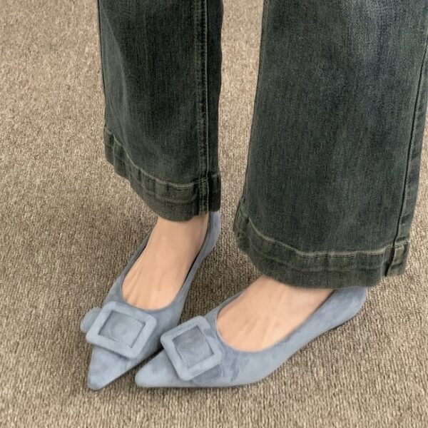 French pointed suede shallow mouth low-heeled flat shoes with a big square buckle decoration
