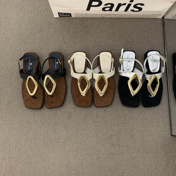 Fashion Metal Geometric Buckle Square Toe Thong Sandals Retro Flat Sandals